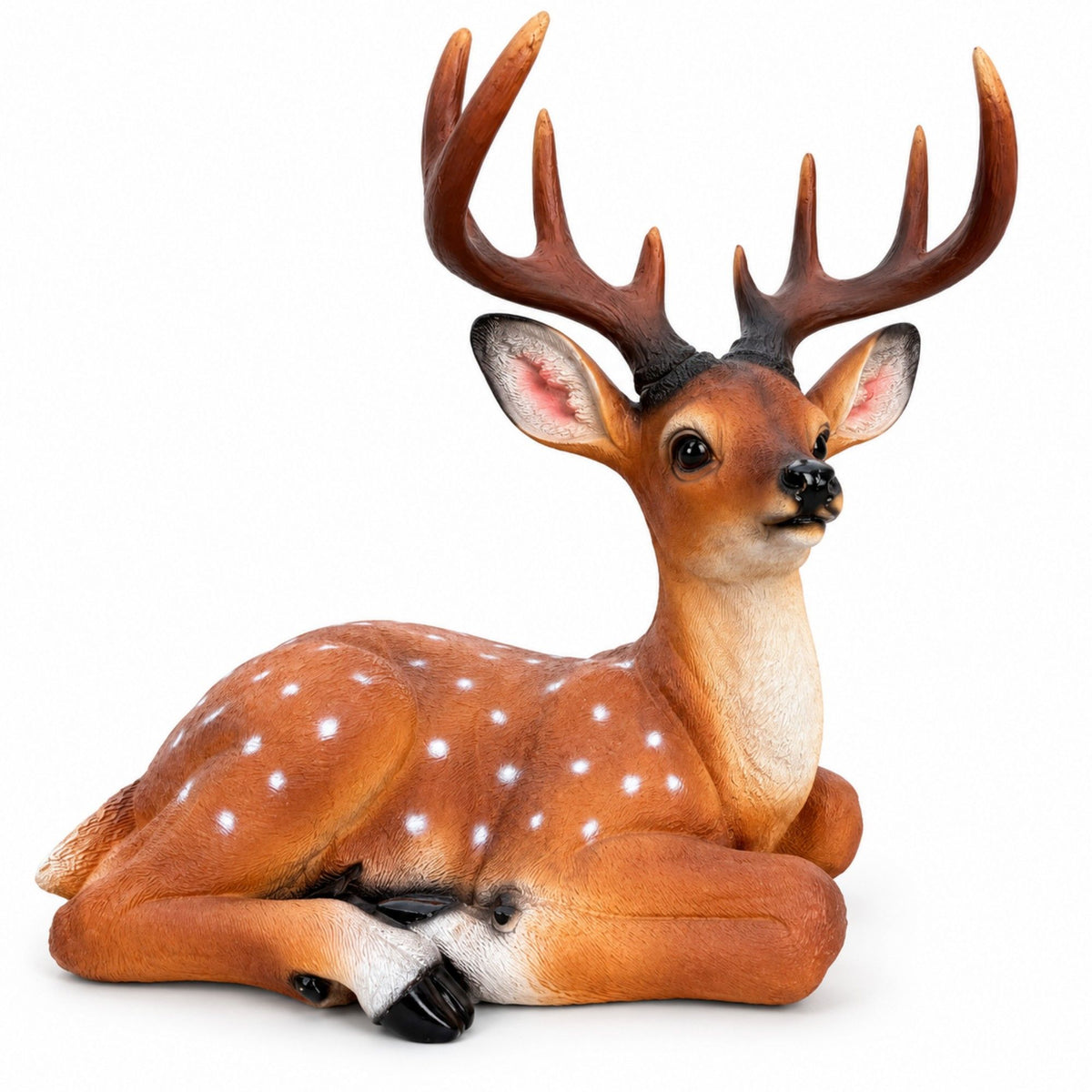 Brown lying deer garden statue with branching antlers and white spots