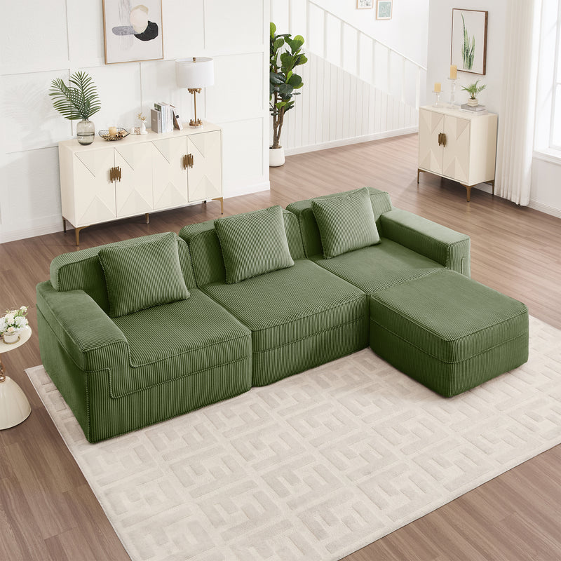 3-Seater Modular L-Shaped Corduroy Sectional Sofa - Green Corduroy