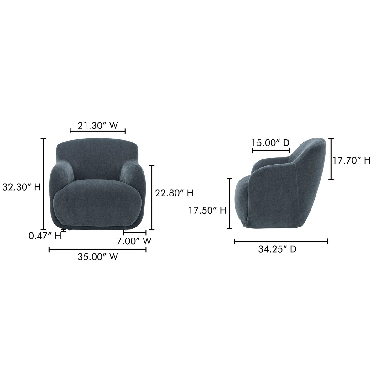 Lounge chair in slate blue, rounded back and arms; dimensions diagram on image