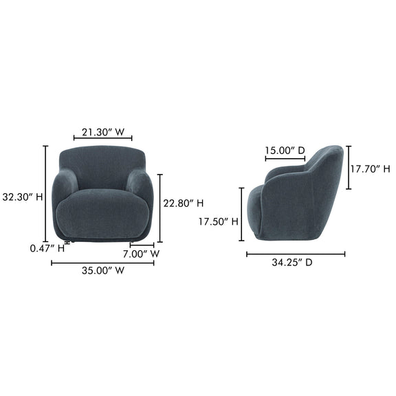 Lounge chair in slate blue, rounded back and arms; dimensions diagram on image