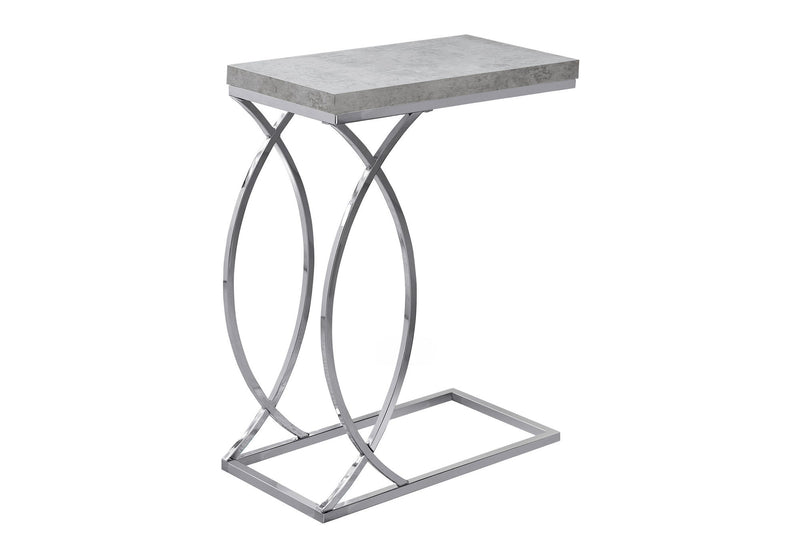 Square top C-shaped accent table with gray surface and silver metal frame.