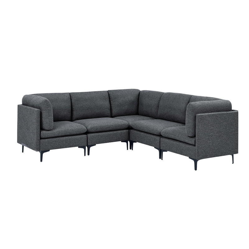Dark gray modular sectional sofa with tall tapered legs and rounded arms
