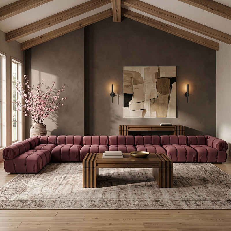 Burgundy velvet L-shaped sectional sofa with padded tufted cushions