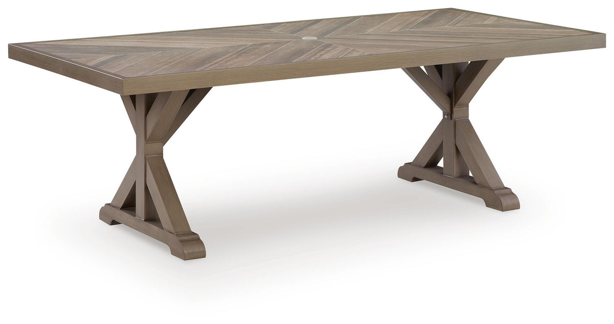 Beige rectangular outdoor dining table with slatted top and folding-style support legs