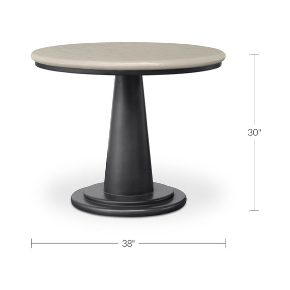 Round cream cafe table, 38 in diameter and 30 in tall black pedestal base.