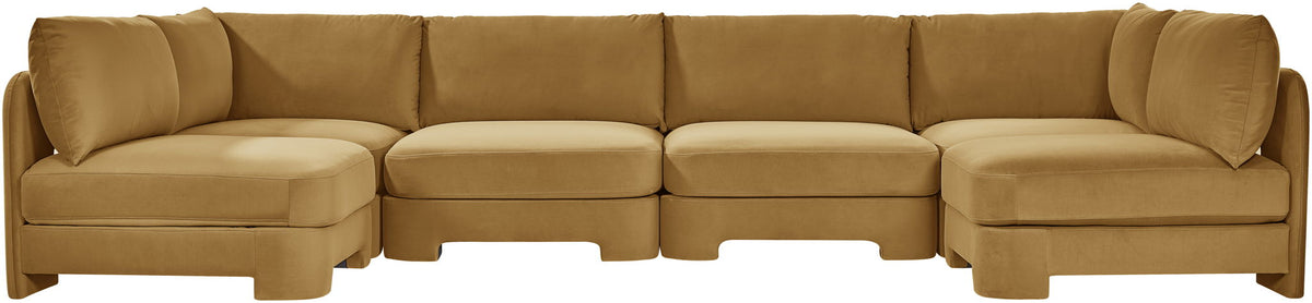 Golden tan velvet performance sectional sofa, U-shaped armless 6-piece layout