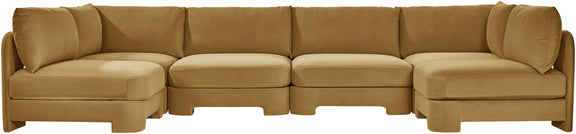 Golden tan velvet performance sectional sofa, U-shaped armless 6-piece layout