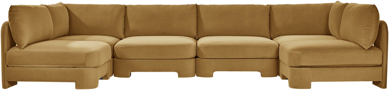 Golden tan velvet performance sectional sofa, U-shaped armless 6-piece layout