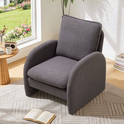 Dark gray sherpa accent chair with curved arms and cushioned seat