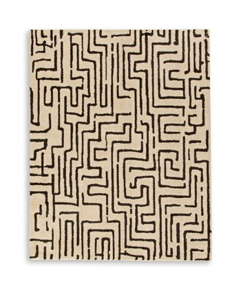 Beige washable rug with dark maze-like geometric pattern