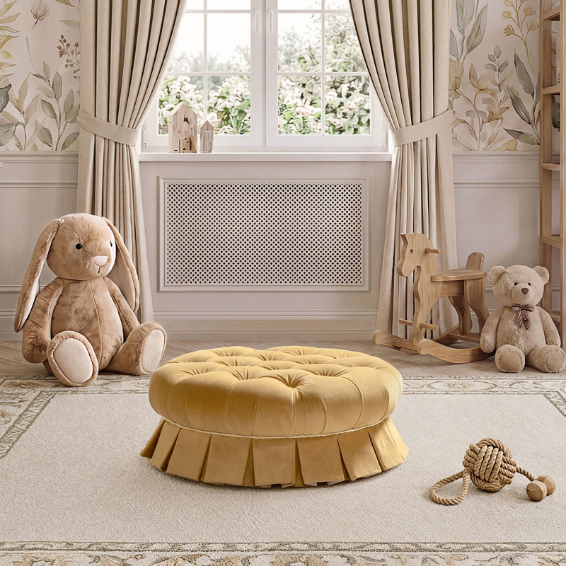 Gold medium round dog sofa bed with tufted top cushion and ruffled pleated skirt
