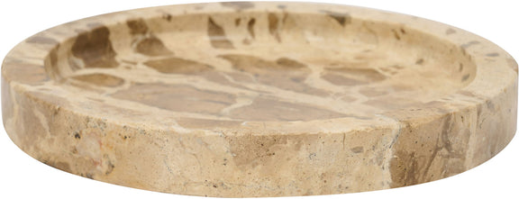 Beige marble tray with round shallow basin and light tan stone veining