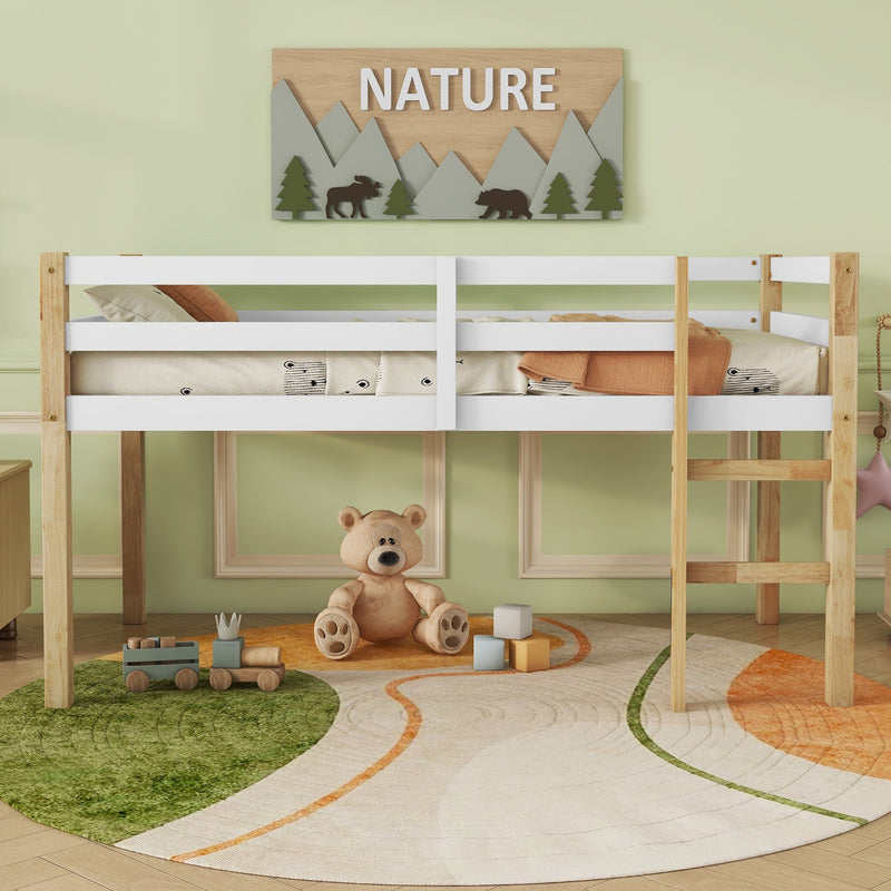 Solid Wooden, Rubber Wooden Twin Loft Bed with Ladder, Bed Platform of Strengthened Slats, Natural-white