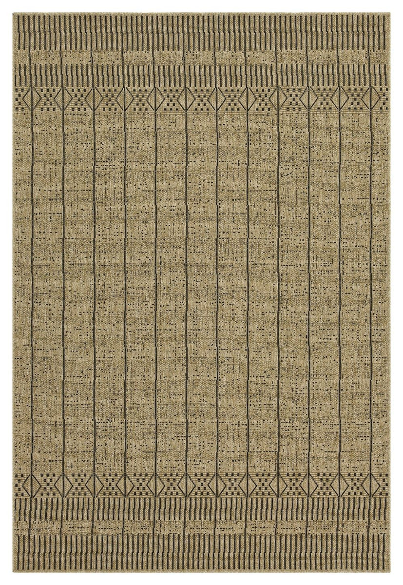 Light brown jute area rug front view with vertical lines and patterned border