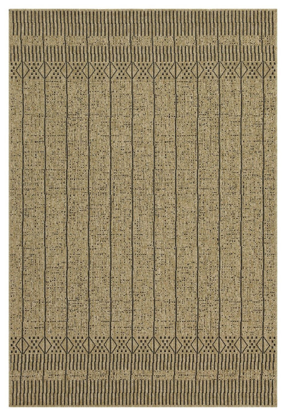 Light brown jute area rug front view with vertical lines and patterned border