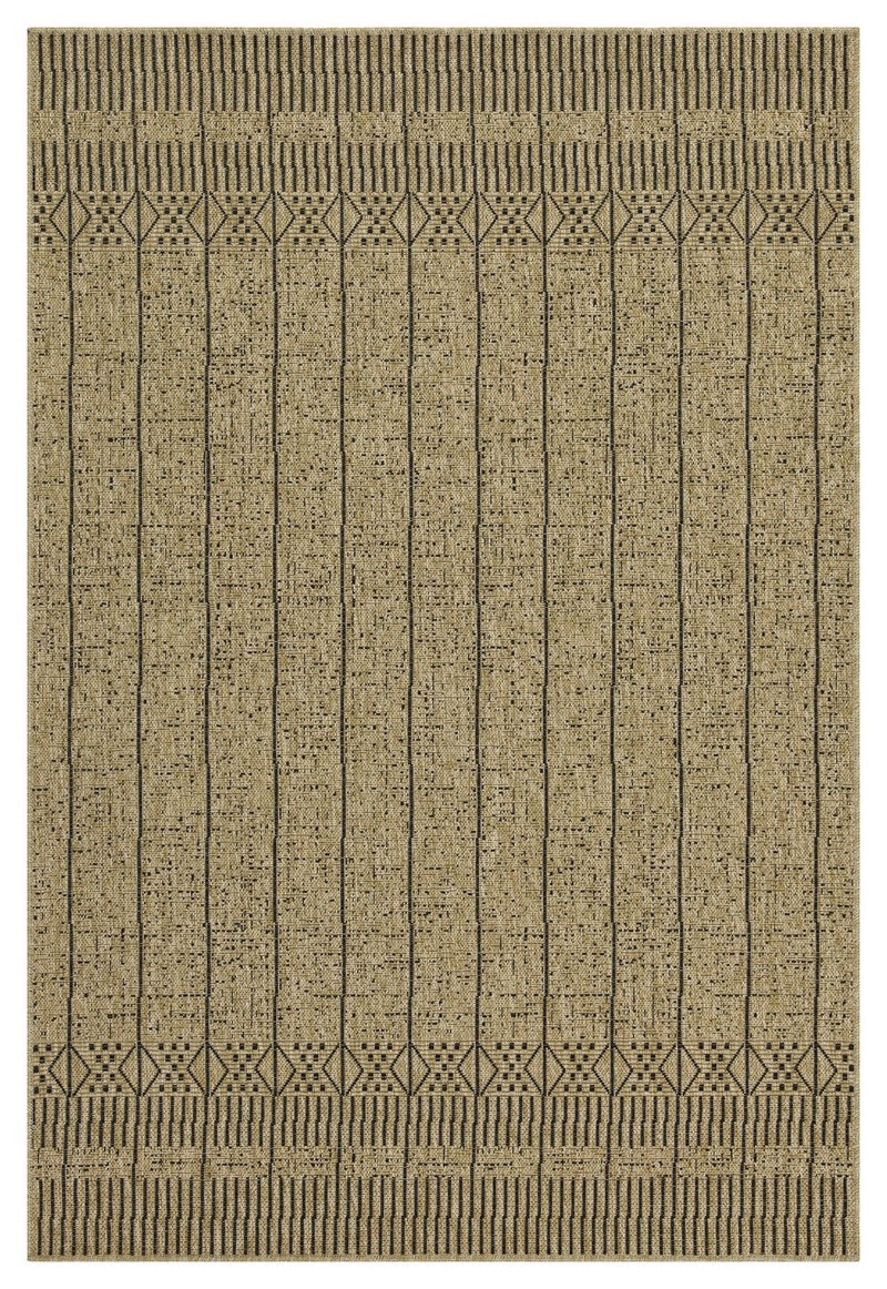 Light brown jute area rug front view with vertical lines and patterned border