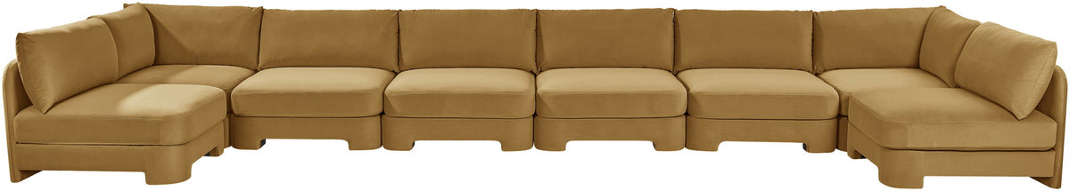 Golden beige armless U-shaped sectional sofa with chaise modules and box cushions
