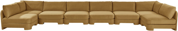 Golden beige armless U-shaped sectional sofa with chaise modules and box cushions