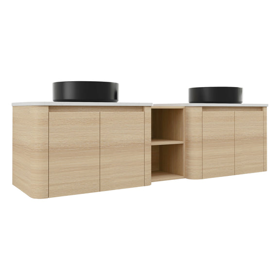 Wall-mounted bathroom vanity with black round art sinks, open center shelf, light wood