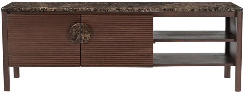 Varenna acacia wood media console with slatted drawer door and open shelf, dark finish