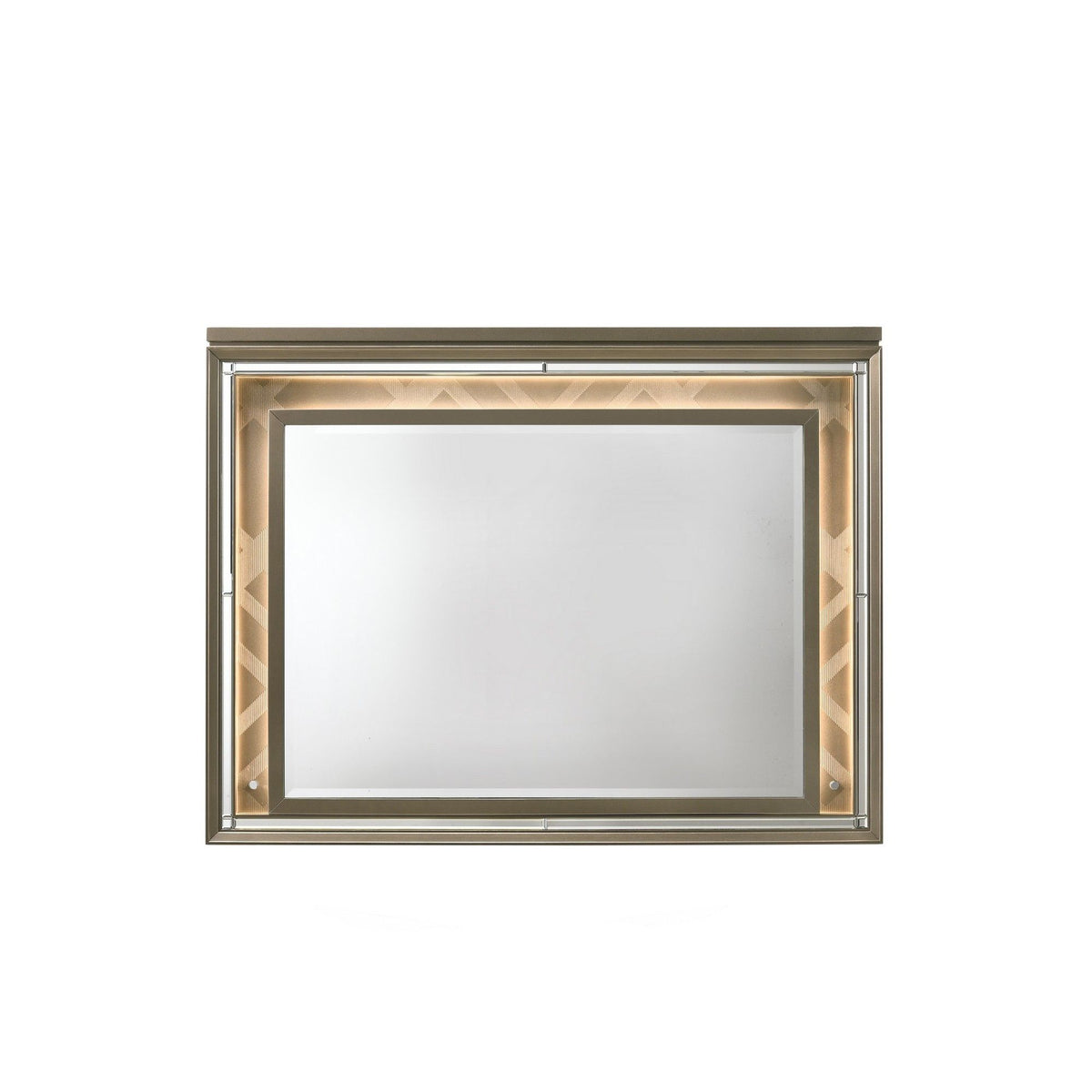 Rectangular LED mirror with champagne metallic frame and softly lit border