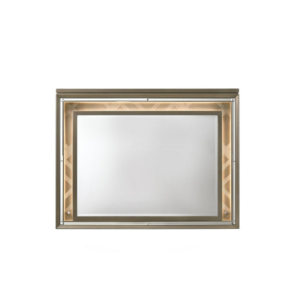 Rectangular LED mirror with champagne metallic frame and softly lit border