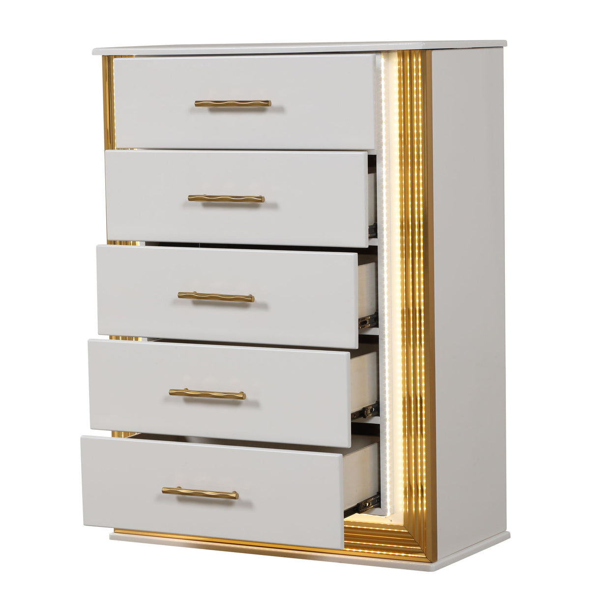 White 5-drawer chest with gold handles, open view, and glowing LED side panel