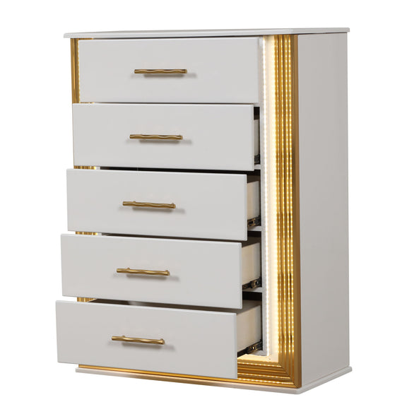 White 5-drawer chest with gold handles, open view, and glowing LED side panel