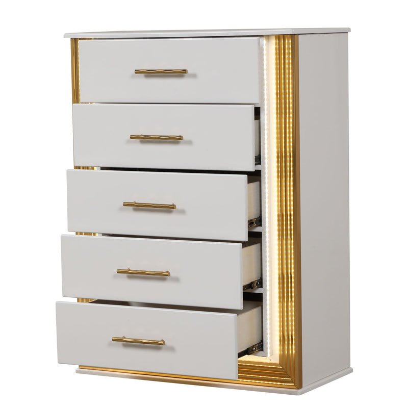 White 5-drawer chest with gold handles, open view, and glowing LED side panel
