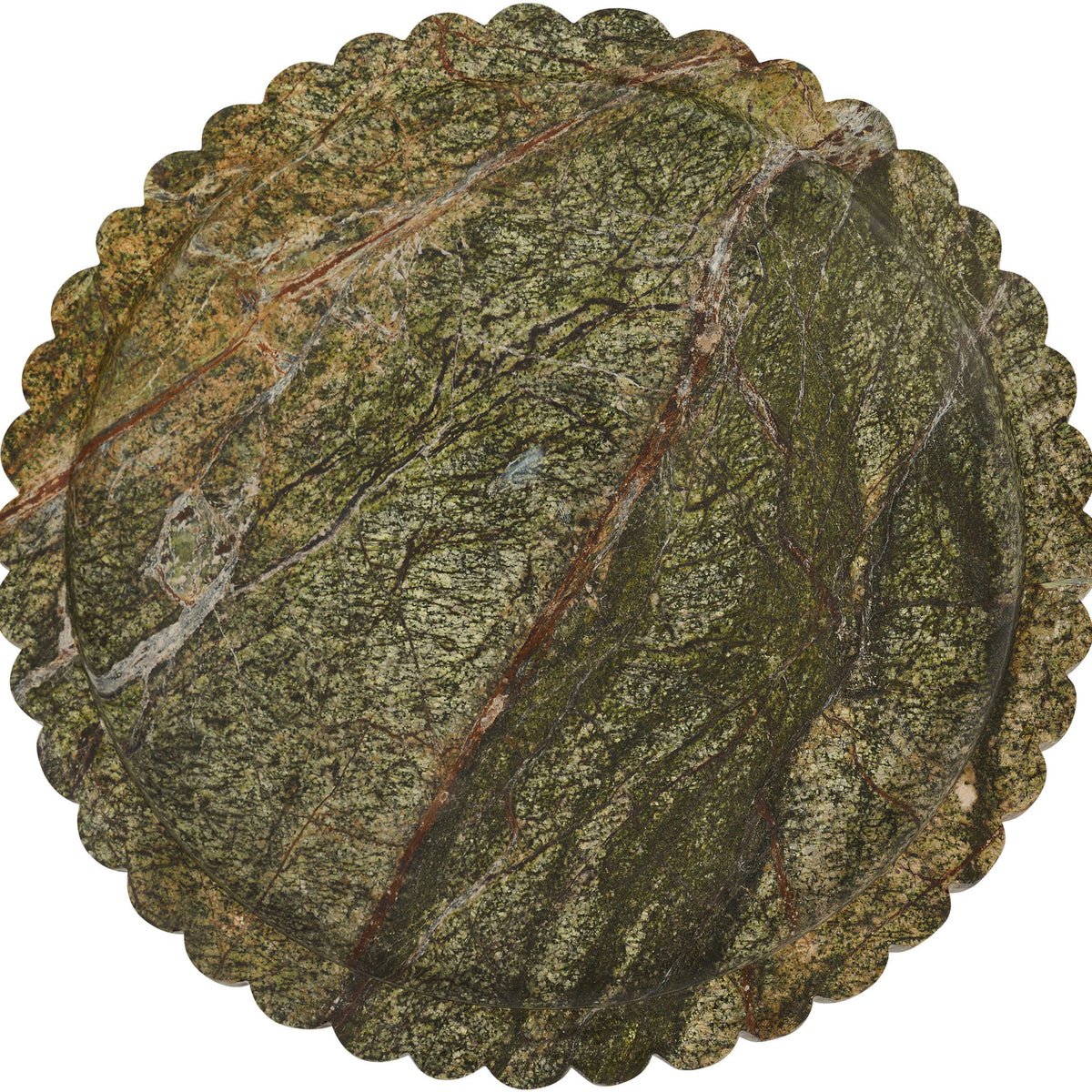 Green marble serving tray with mottled pattern and scalloped round edge