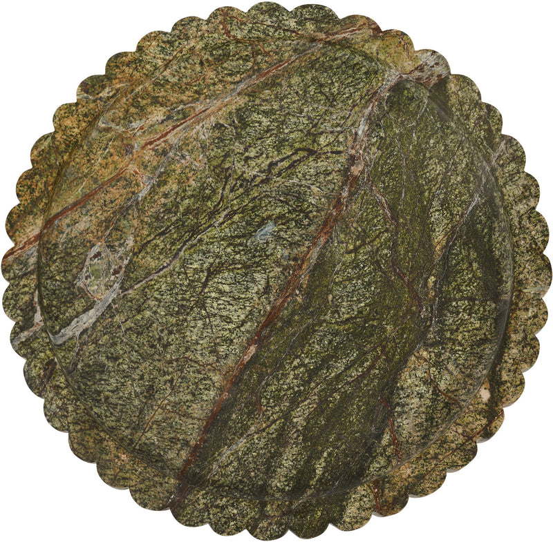 Green marble serving tray with mottled pattern and scalloped round edge