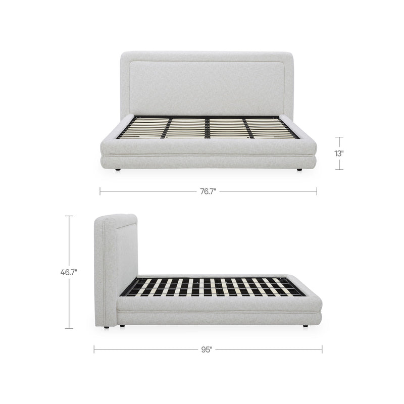 Pebble white queen upholstered bed with slatted mattress support and padded headboard