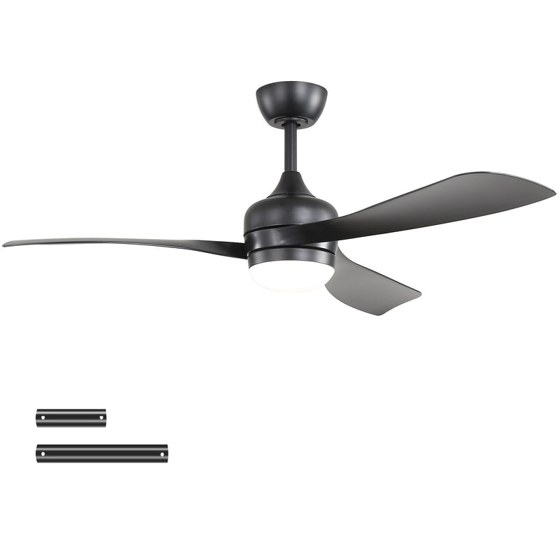 Black ceiling fan with three blades and dome light under the motor