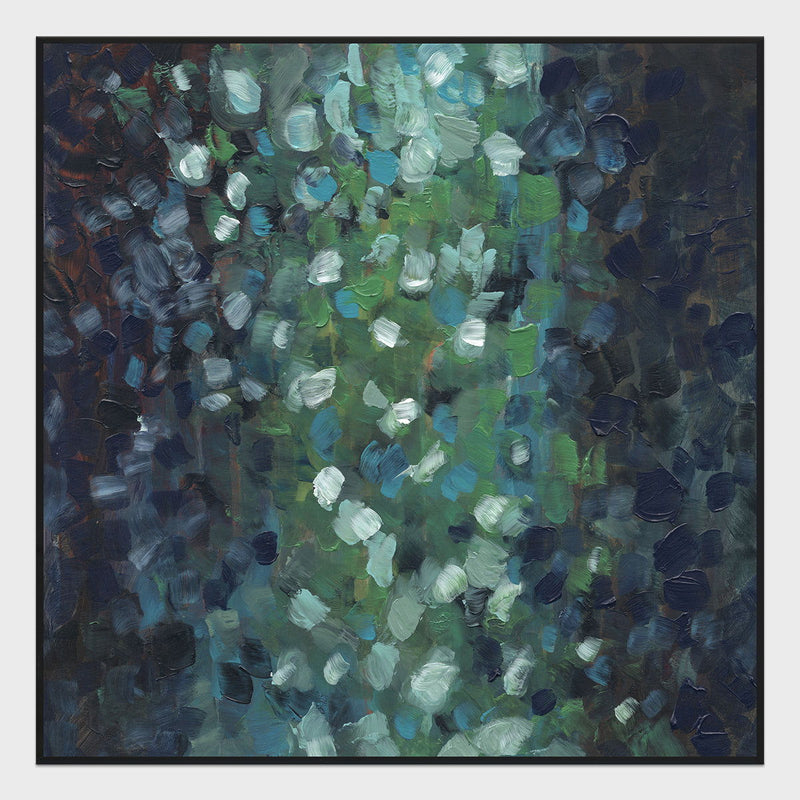 Framed abstract blue and green painting with textured brushstrokes and light accents