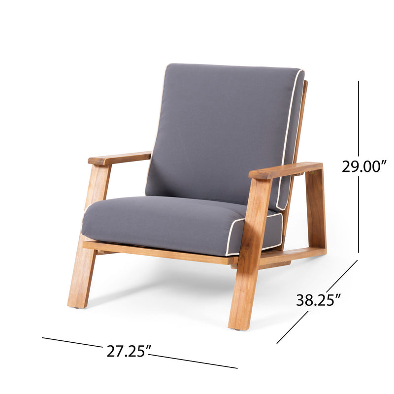 Dark gray outdoor club chair with padded seat and tall backrest on light wood frame