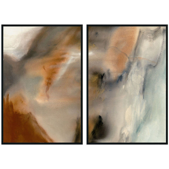 Two framed abstract paintings with black borders, warm brown and cool gray tones.