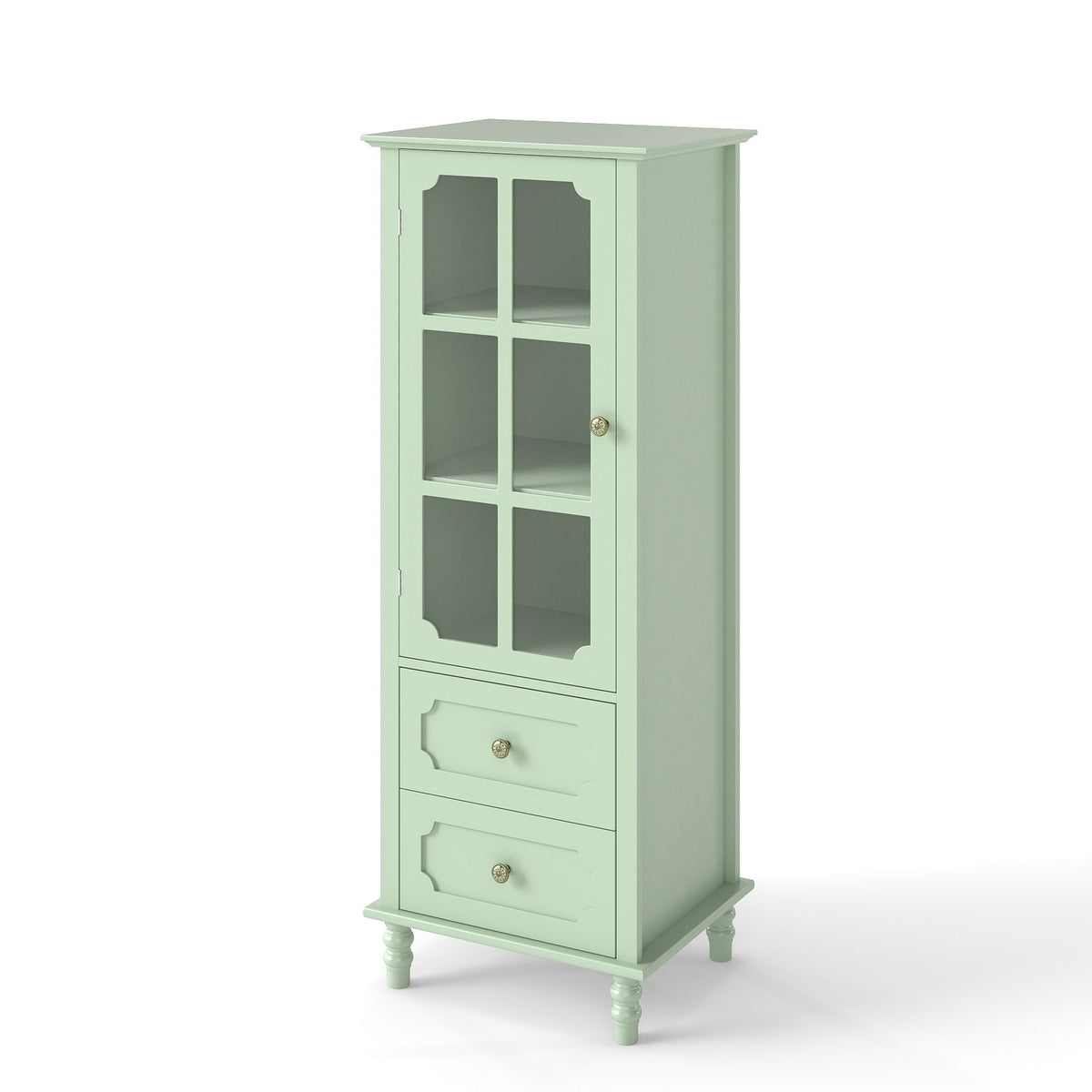 Green buffet cabinet with glass door and two drawers, gold knobs, open shelving