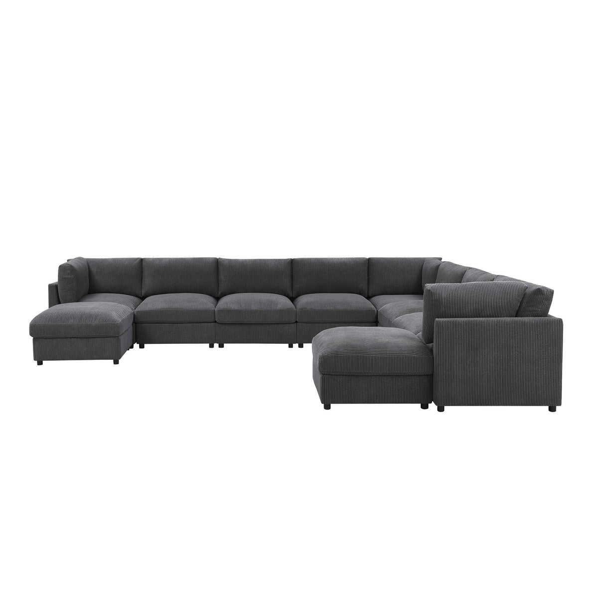 Dark gray sectional sofa with chaise ottoman and boxed back cushions