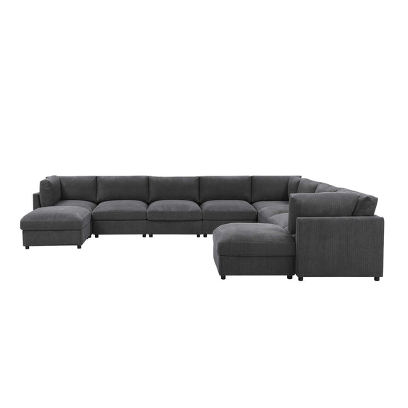 Dark gray sectional sofa with chaise ottoman and boxed back cushions