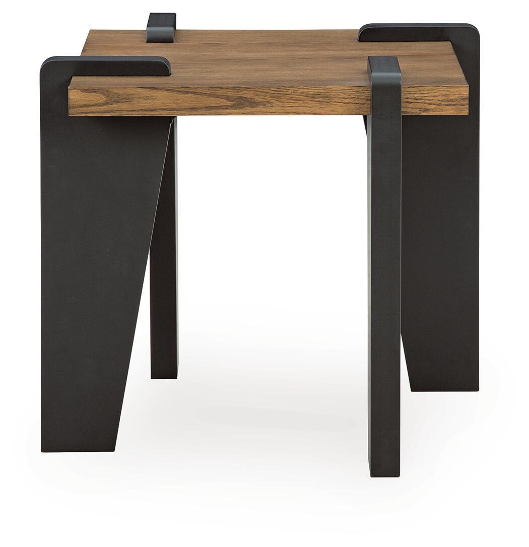 Rectangular table with wood tabletop, black support legs, and built-in corner blocks