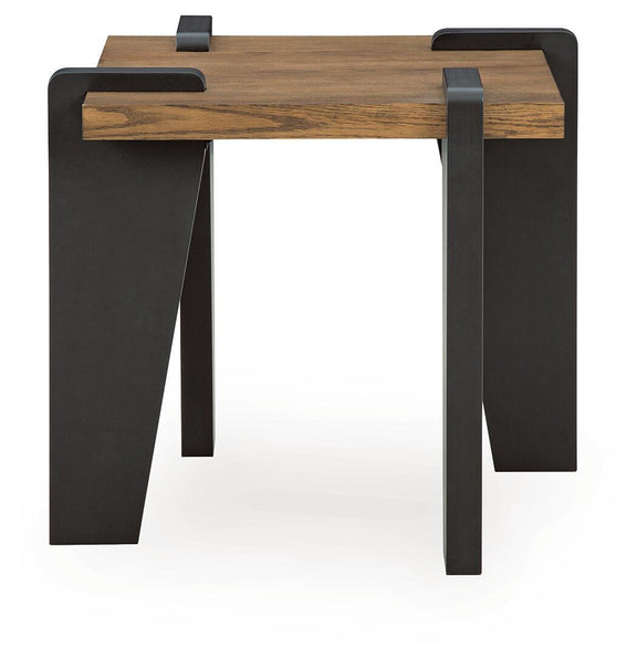 Rectangular table with wood tabletop, black support legs, and built-in corner blocks