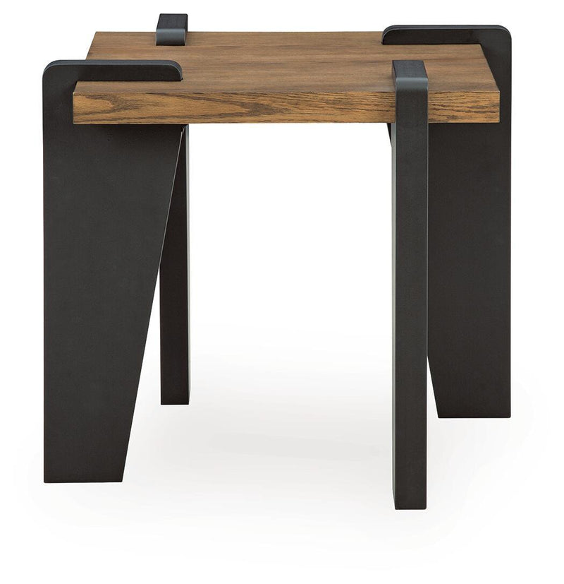 Rectangular table with wood tabletop, black support legs, and built-in corner blocks