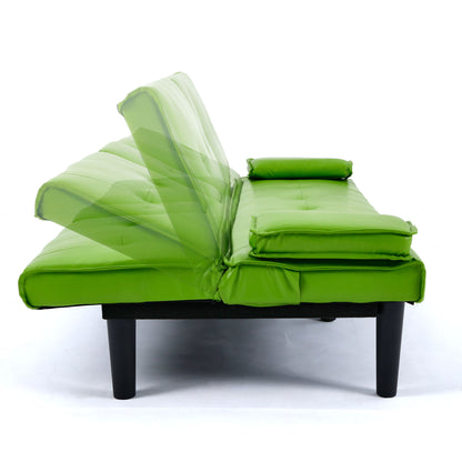 Green sofa bed with fold-out seat and back, featuring a two-cup holder console