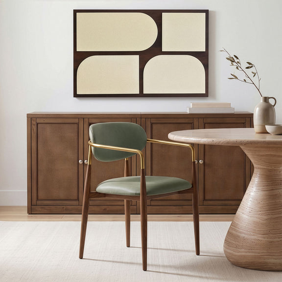 Green upholstered dining arm chair with gold frame and walnut legs