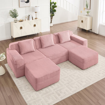 3-Seater Modular U-Shaped Corduroy Sectional Sofa - Pink Corduroy