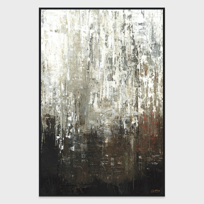 Abstract black, gray, and white canvas painting with textured brushstrokes and dark frame