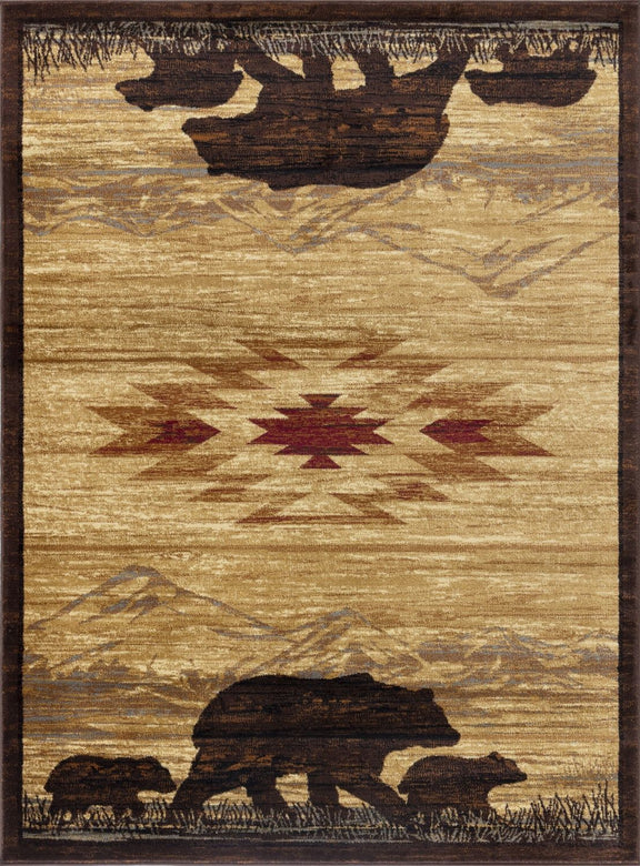 Beige lodge area rug with dark brown animal silhouette pattern and geometric accents