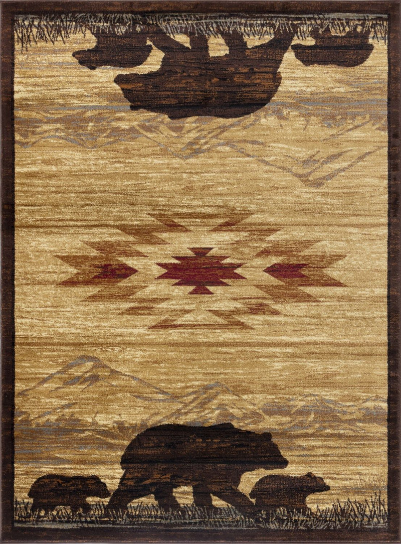 Beige lodge area rug with dark brown animal silhouette pattern and geometric accents