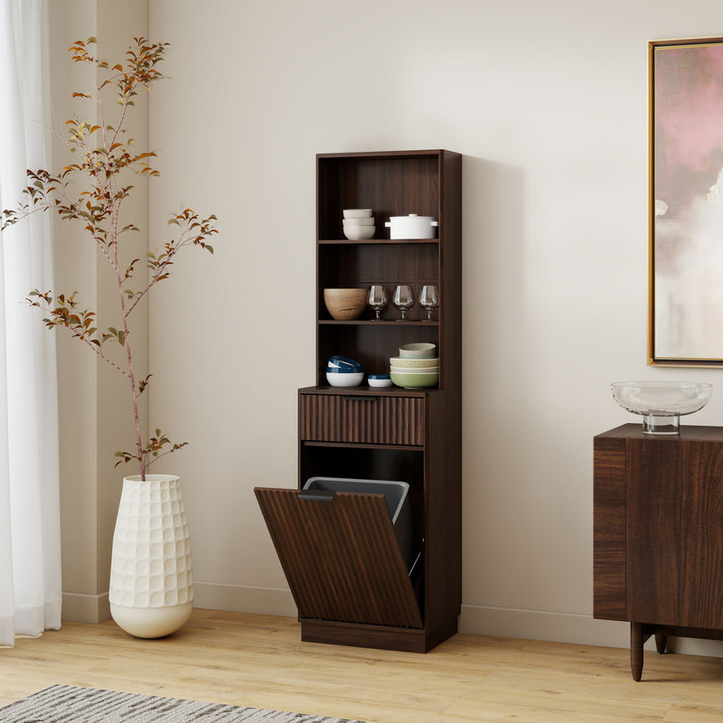 Dark brown fluted storage cabinet with open shelves and lower bin door open