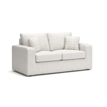 La Jolla Cove beige loveseat with two seat cushions, broad arms, and two patterned throw pillows